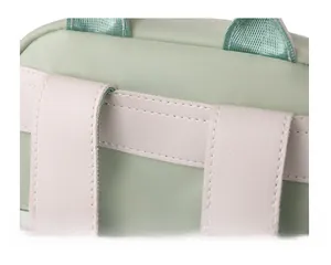 Detail showing reinforced double stitching and leather strap on light green nylon backpack