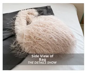 Detailed side view of fluffy faux fur heart bag showing soft plush texture and beige color