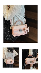 Pink crossbody bag with silver bow clasp and plush bunny charm shown in multiple perspectives