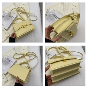 Detailed views of creamy yellow crossbody bag with gold knot buckle and triple compartments