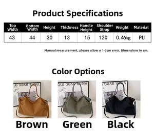 Detailed size specifications and color options for large capacity PU leather tote bag