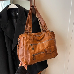 Vintage Large Capacity PU Leather Tote Bag For Women Retro Travel Handbag Multiple Pockets Functional Shoulder Bag