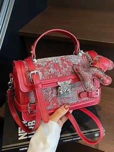 Red retro leather handbag with white floral embroidery and cute bear charm pendant