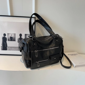 Large capacity black faux leather Boston bag with multiple pockets and shoulder strap