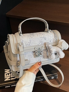 Chic light gray floral lace embroidery handbag with leather trim and dog charm detail