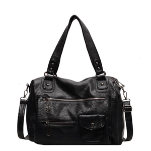 Large black multi-pocket travel bag with adjustable strap and vintage PU leather finish