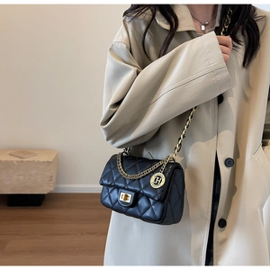 Detail of black quilted leather shoulder bag with gold twist lock and chain strap