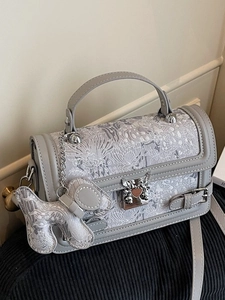 Light gray embroidered handbag with floral patterns, angel lock, and elephant charm