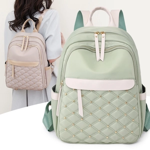 Women's quilted nylon backpack with gold studs and large capacity in green and beige