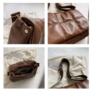 Vues détaillées du sac bandoulière matelassé marron avec intérieur spacieux et sangle
