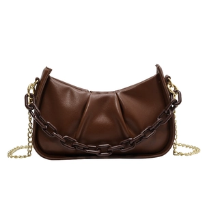 Chic dark brown cloud shoulder bag with pleated texture and chunky resin chain link