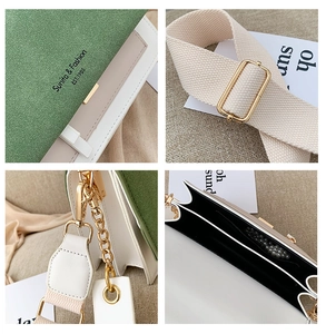 Détails de la couture contrastée en daim vert, chaîne dorée et bandoulière tissée du sac