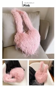Detailed view of pink faux fur crossbody bag featuring soft plush texture and fluffy strap