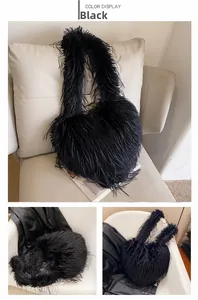 Detail view of large black faux fur plush handbag showing multi-angle soft feather texture