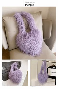 Detail view of purple faux fur handbag showing its soft texture from multiple angles