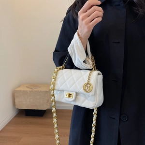 White quilted shoulder bag with gold chain strap and metal lock for women