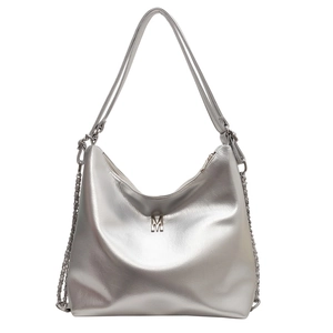 Chic silver metallic hobo shoulder bag with M logo and chain detail on white background