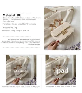Detailed close-up of beige crocodile pattern handbag with gold chain strap and lock buckle