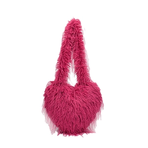 Furry heart-shaped tote bag in vibrant rose red with plush faux fur texture for women