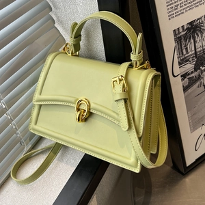 Elegant avocado green structured handbag with gold ring clasp and accordion pleats