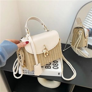 Sac à Épaule en Paille Tressée et Cuir PU pour Femmes Sac à Main Carré à la Mode Avec Boucle de Verrouillage de Villégiature