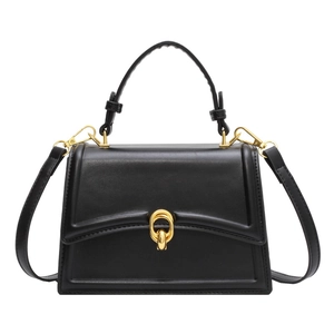 Classic black leather-style square handbag with gold-tone hardware buckle on a white background