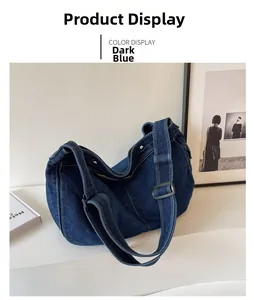 Close-up of deep blue denim messenger bag with contrast stitching and adjustable strap