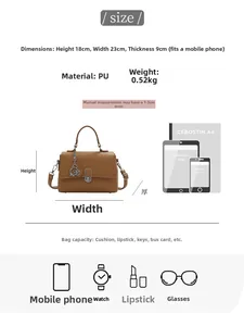 Größentabelle für braune PU-Handtasche mit Maßen 23x18x9cm und Kapazitätsinfo