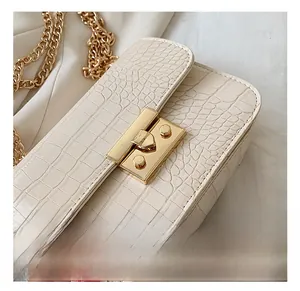 Detail of the elegant crocodile pattern leather texture and golden metal push-lock clasp