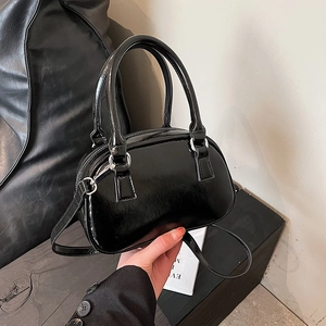 Glossy black patent leather Boston handbag with detachable shoulder strap for women