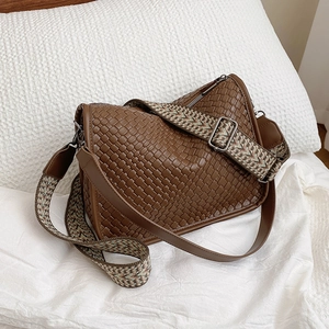Women Retro Woven PU Leather Underarm Bag Geometric Checkerboard Shoulder Bag With Wide Jacquard Strap Crossbody Purse