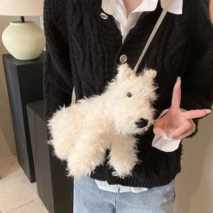 Sac bandoulière mignon en peluche blanche design chien Westie avec fourrure douce
