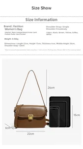 Detailed size chart for brown leather crossbody bag with dimensions 22x15x6cm