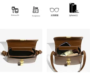 Internal view of brown crossbody bag showing spacious main compartment and zipper pocket