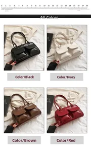 Collage of chic glossy PU leather handbags in black, cream, brown, and red with twin handles