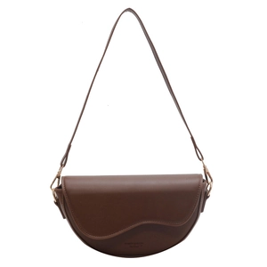 Brown semi-circle PU leather saddle bag with irregular wave lid and golden metal buckles