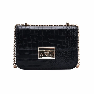 Chic black crocodile pattern crossbody bag with golden chain strap and metal clasp