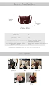 Detailed view of PU leather saddle bag with silver D-buckle and size specifications