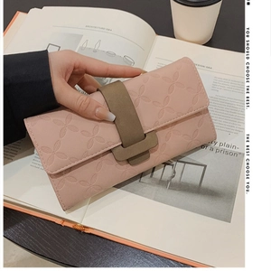 Portefeuille Long pour Femme à la Mode Grande Capacité Cuir PU Gaufrage Floral Pochette avec Boucle Contrastée