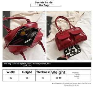 Size guide for a red faux leather shoulder bag with pockets, 27x15x10cm dimensions