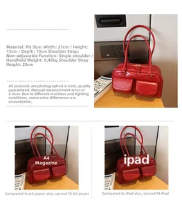 Detailed view of vintage red PU handbag showing dimensions 27x15x10cm and strap length