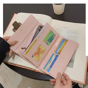 Portefeuille long en cuir PU rose avec fentes pour cartes et poche pour téléphone