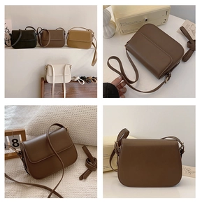 Collage de quatre sacs à bandoulière minimalistes en noir, marron, kaki et crème