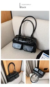 Detailed views of a black faux leather bag with double flap pockets and golden zippers