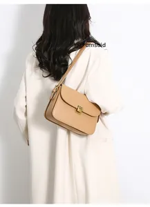 Detail of light khaki shoulder bag featuring a vintage gold square metal clasp and smooth finish