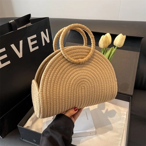 Sac à Main en Paille Tissée en Demi-cercle Mode Grande Capacité Fait Main Sac en Paille Khaki pour Femmes Plage Vacances