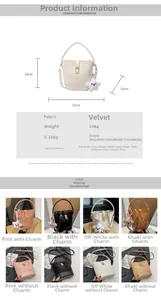 Detailed size chart and multi-color view of faux suede bucket bag with star charm