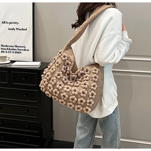 Brown quilted shoulder bag with white crochet floral appliques and large capacity