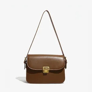 Women Retro PU Leather Shoulder Bag Urban Minimalist Small Square Crossbody Bag With Gold Metal Lock Adjustable Strap Casual Tote