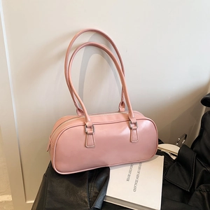 Women Retro PU Leather Boston Underarm Bag Large Capacity Solid Color Shoulder Handbag With Silver Hardware Minimalist Purse